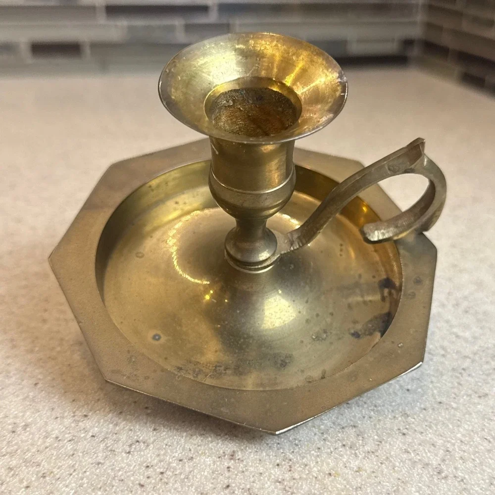 Vintage Archana Handicrafts Brass Chamberstick Candle Holder Octagon Base India